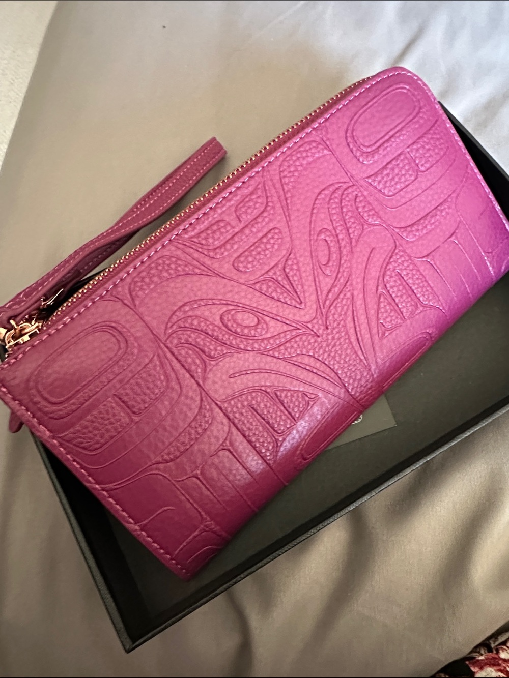Raven Embossed Pink Zip Wristlet Clutch with Wrist Strap